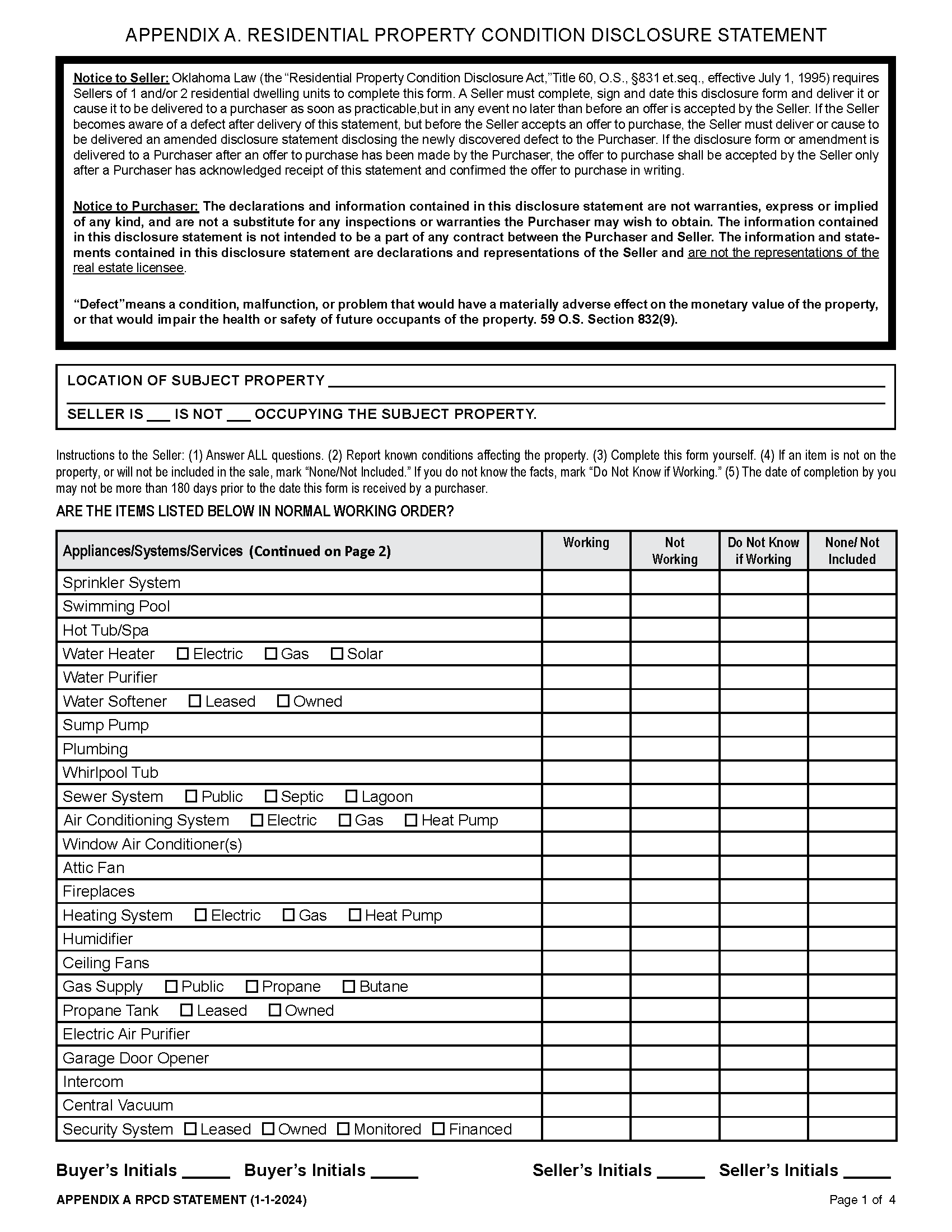 OKLAHOMA RESIDENTIAL PROPERTY CONDITION DISCLOSURE STATEMENT - Page 1 of 4