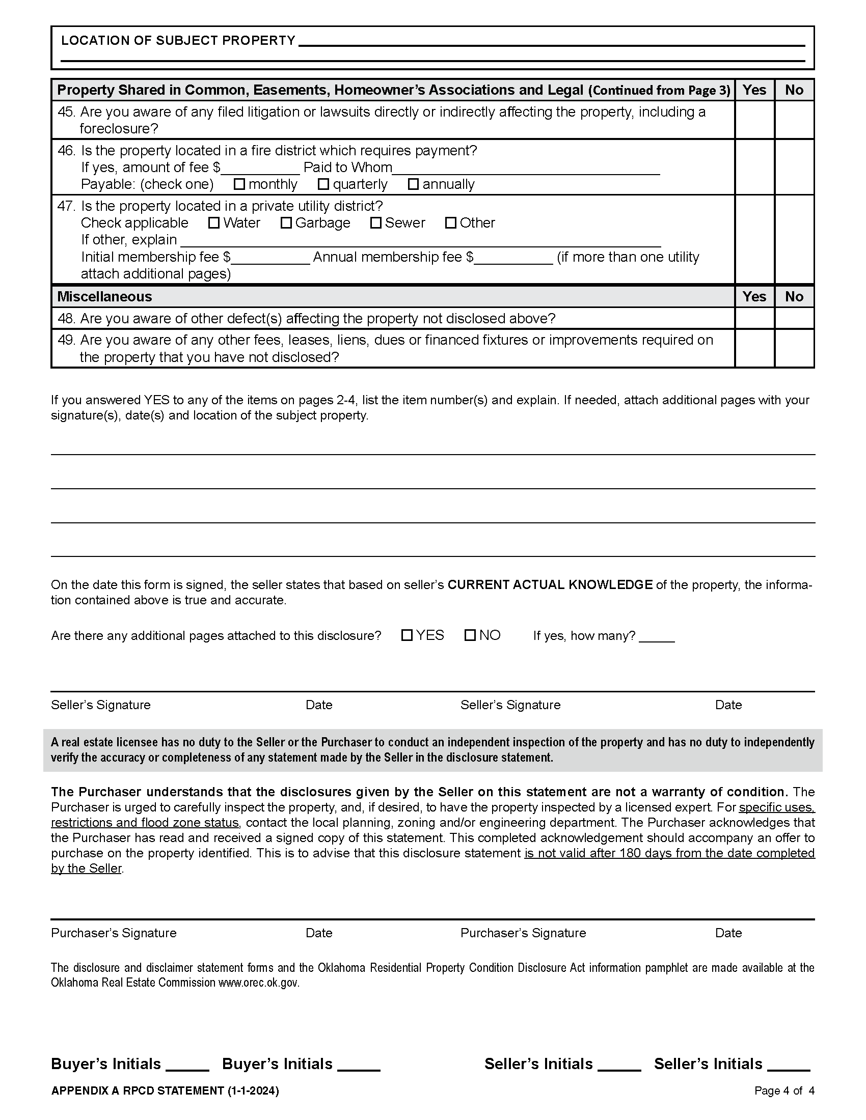 OKLAHOMA RESIDENTIAL PROPERTY CONDITION DISCLOSURE STATEMENT - Page 4 of 4