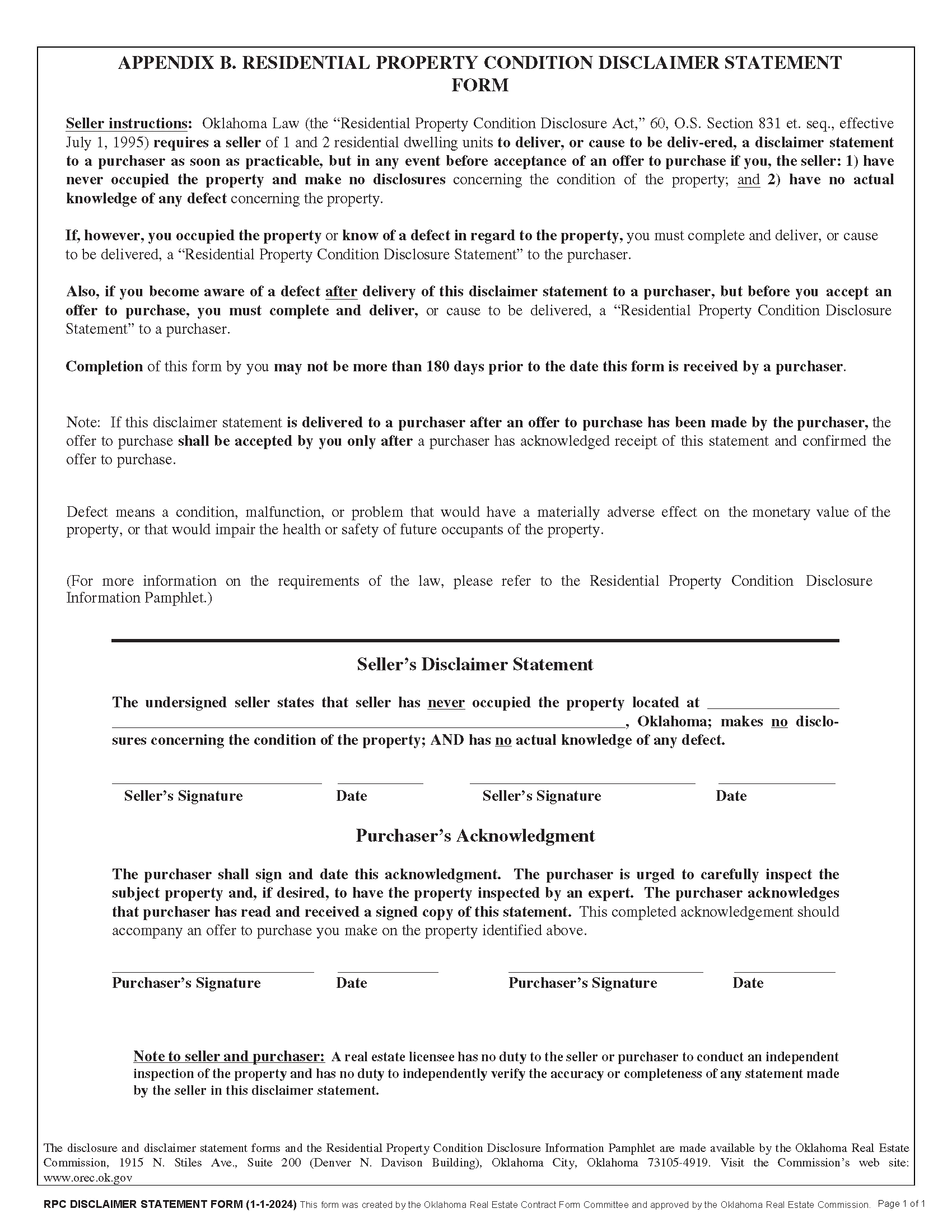 OKLAHOMA RESIDENTIAL PROPERTY CONDITION DISCLAIMER STATEMENT FORM